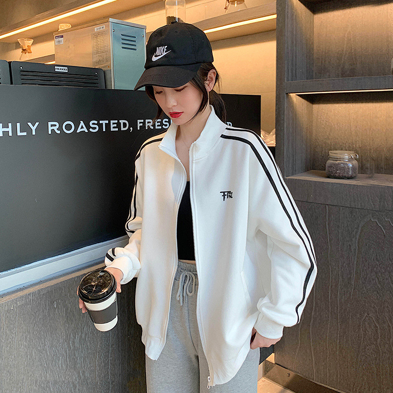 外套女2022年春秋新款白色条纹棒球服运动休闲穿搭开衫卫衣外套潮