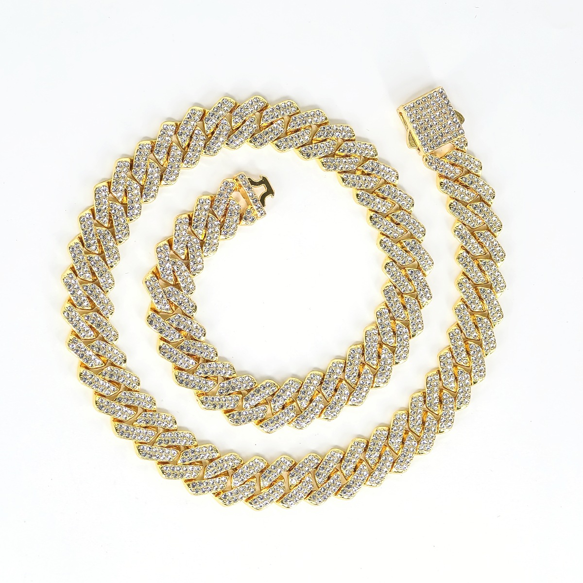 新款欧美嘻哈潮人古巴链镶钻14mm菱形弹簧扣满钻男女士项链跨境