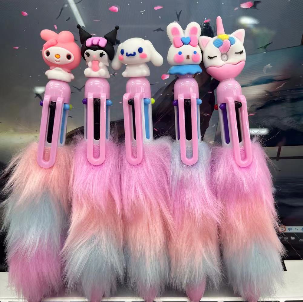 Creative Six-Color Ballpoint Pen Rainbow Fur Girl Heart High-Looking Student Stationery Cartoon Stereo Head Plush Pen Wholesale