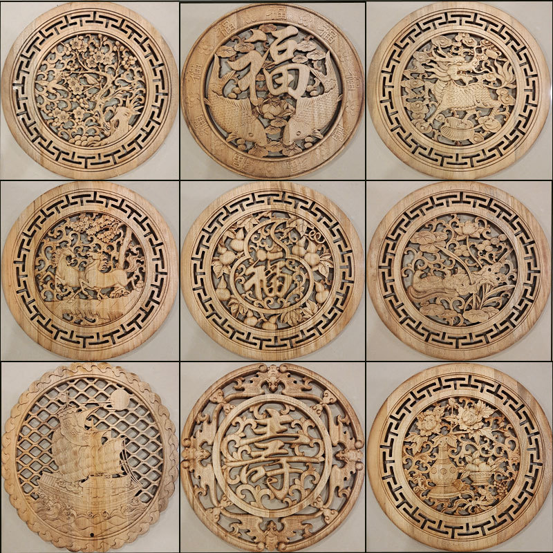 圆形五福木雕