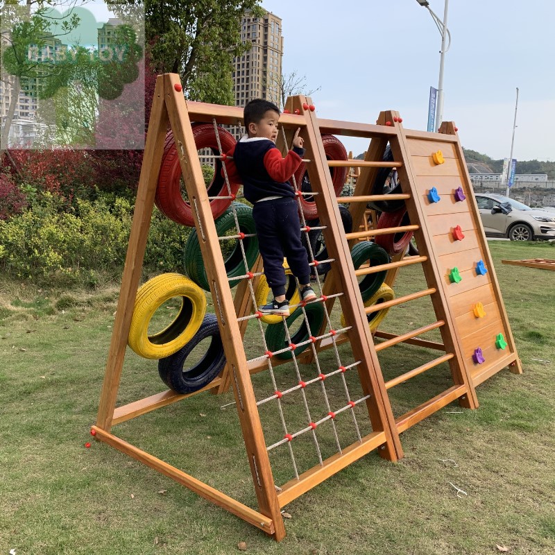 幼儿园户外玩具木质荡桥巴蒂木攀爬架黄花梨大型滑滑梯木制海盗船