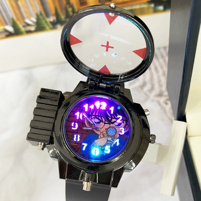 柯南七彩夜光儿童卡通电子表男孩发光可发射麻醉针激光多功能手表