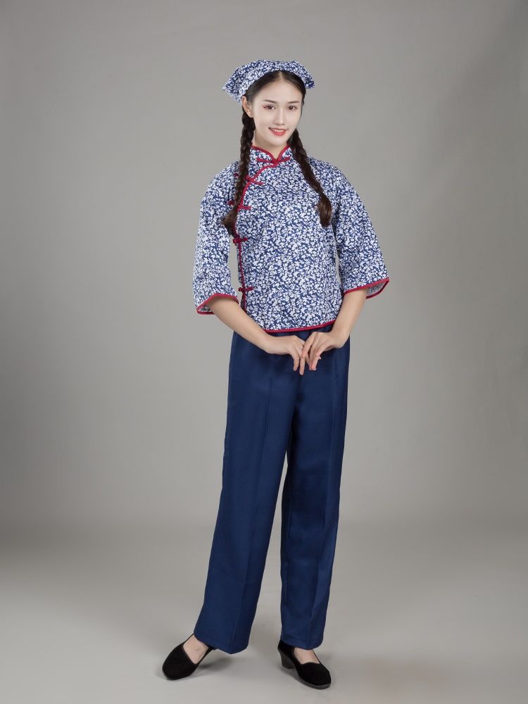 村姑衣服碎花女阿庆嫂服装中老年秧歌服采茶女舞蹈服复古民国套装