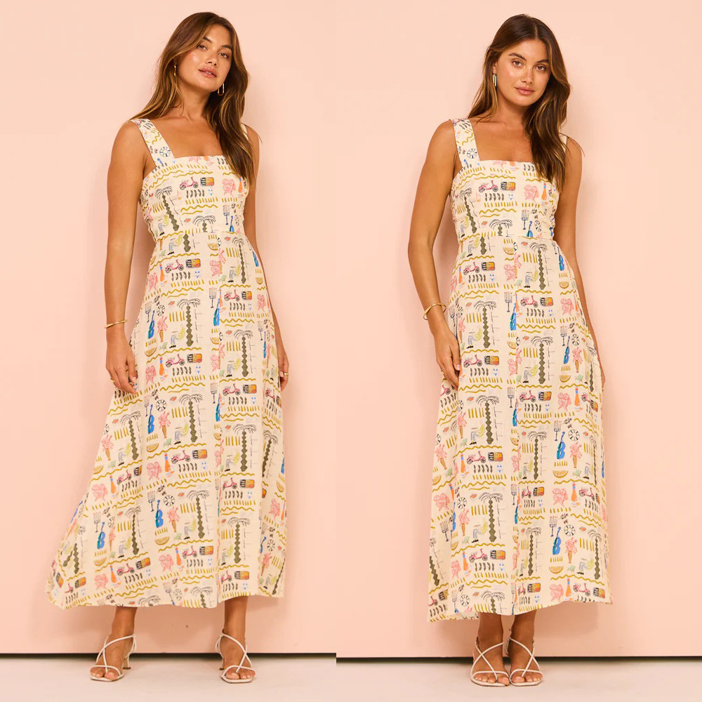 跨境2024欧美春夏新款印花休闲背带连衣裙 ins时尚度假