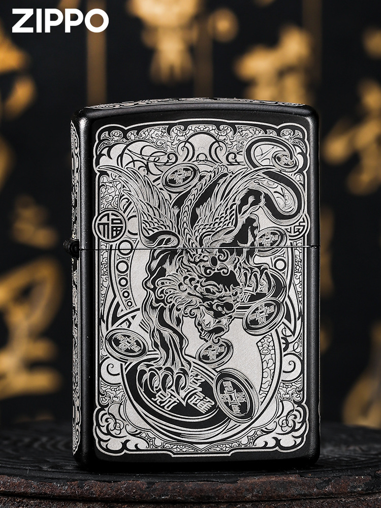 zippo美国正版打火机 黑耀冰招财貔貅个性创意防风煤油打火机