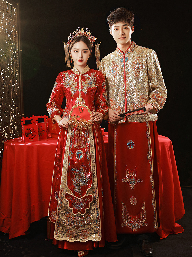 0成交0件重工金色秀禾服2022新娘新款春夏结婚薄款中式礼服男女套装