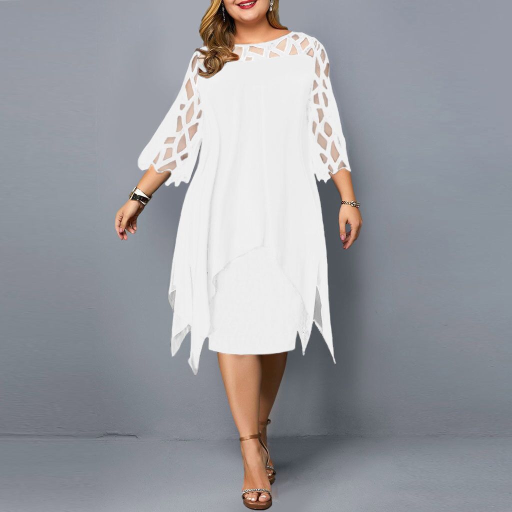 eBay亚马逊速卖通 欧美蕾丝拼接七分袖不规则下摆雪纺连衣裙 现货