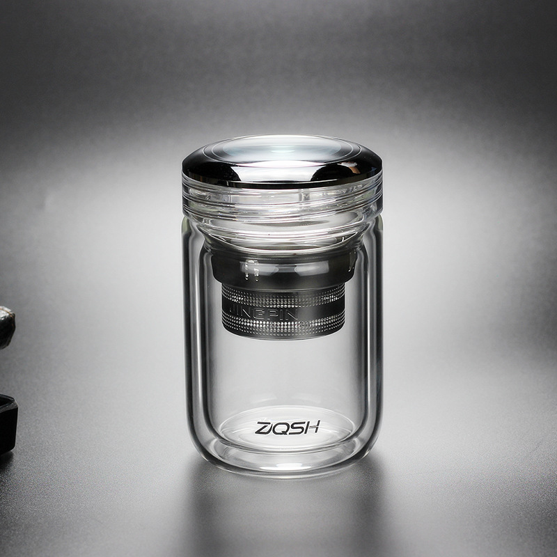 透明水晶盖双层玻璃杯圆润水杯子办公泡茶矮胖家用便携防漏男