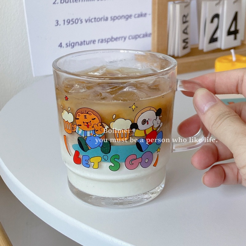 Thermal Transfer Designer Model Cartoon Pattern Glass Cup Wholesale Student Water Cup with Lid Drinking Cup