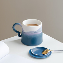 高颜值渐变马克杯女水杯家用设计感陶瓷杯子情侣早餐杯咖啡杯带盖