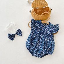 INS夏季新品女童宝宝碎花飞袖哈衣婴儿棉质连体爬服含发带