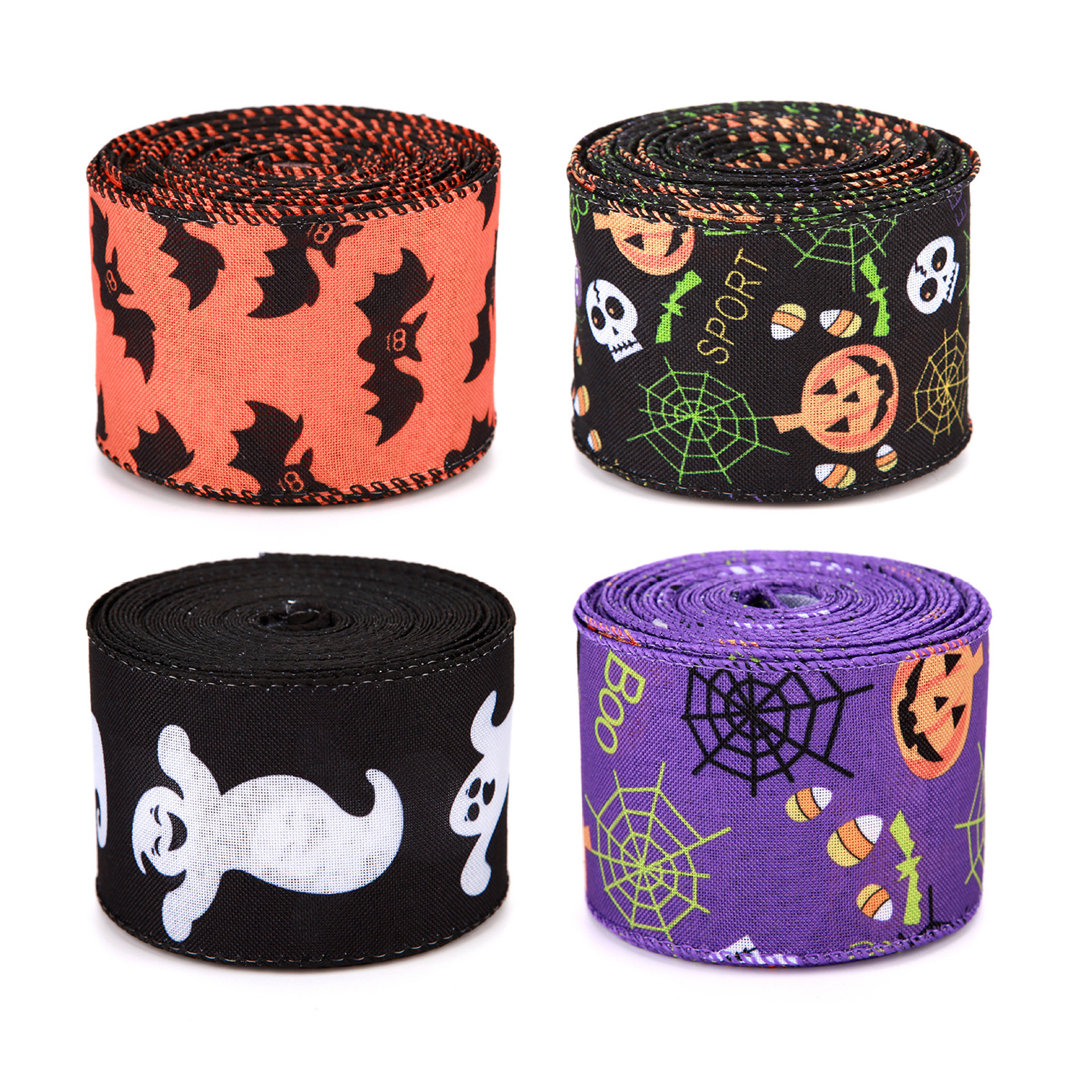 跨境织带万圣节丝带铁丝边拷克带套系组合热转印缎带万圣礼物装饰