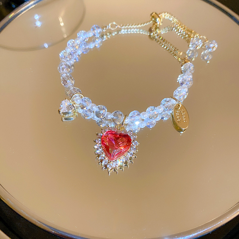 Vintage Zircon Crystal Pearl Diamond Heart Bracelet European and American Unique and Elegant High-Grade Adjustable Bracelet for Women