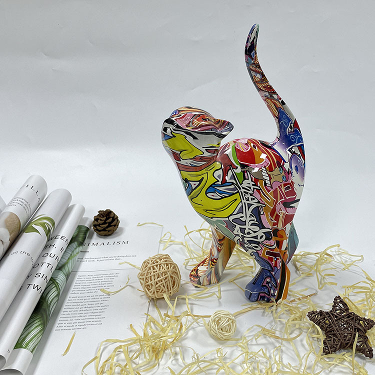 炫彩水转印涂鸦狸猫树脂工艺品雕像摆件家居客厅电视柜桌面装饰品