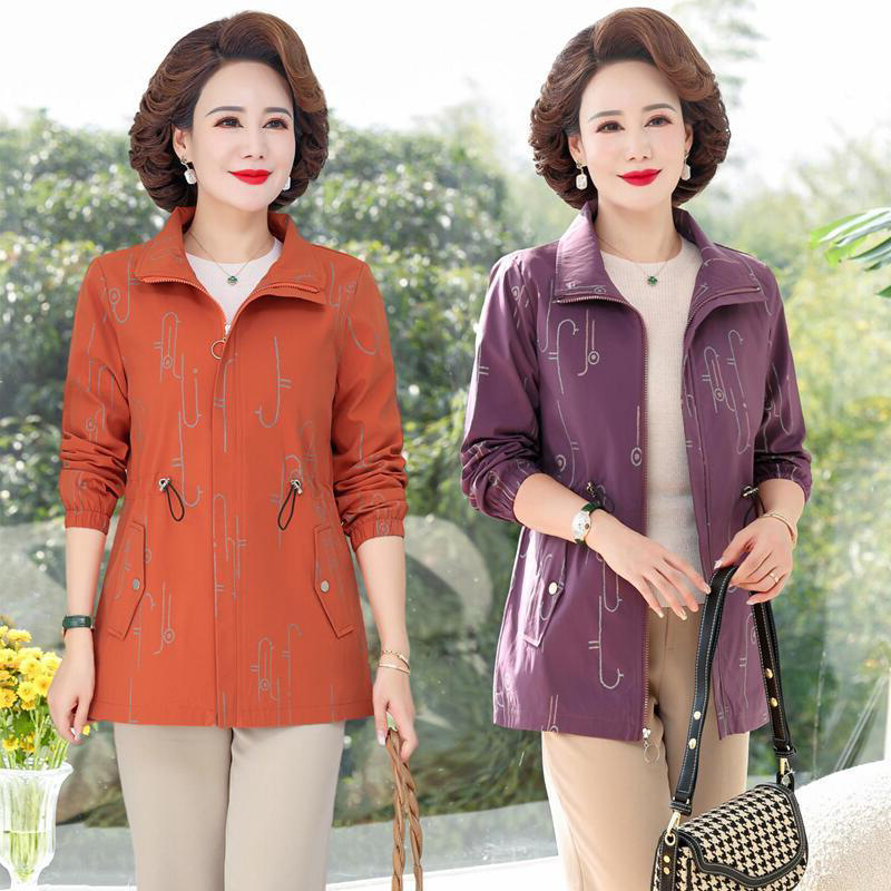 妈妈春长时尚长袖外套洋气中老年女装春秋宽松薄款百搭休闲夹克衫