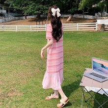 粉色连衣裙条纹网纱拼接鱼尾女夏季2023新款宽松显瘦休闲t恤长裙