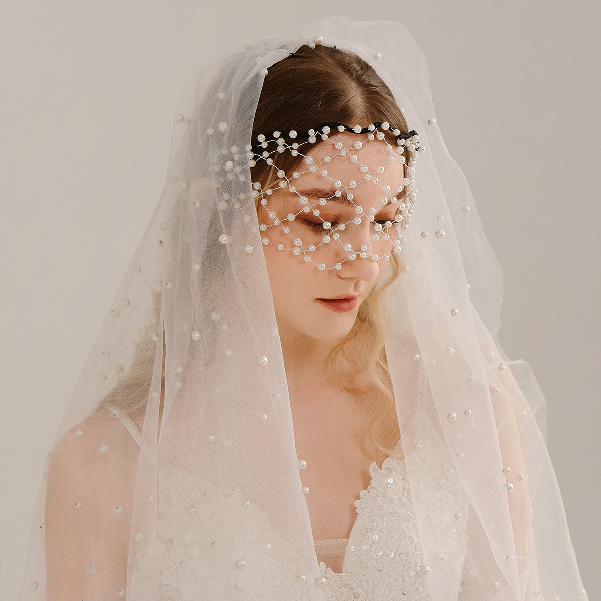 新娘饰品跨境热销手工编织宽边头箍中东夸张压发头饰网状珍珠发箍