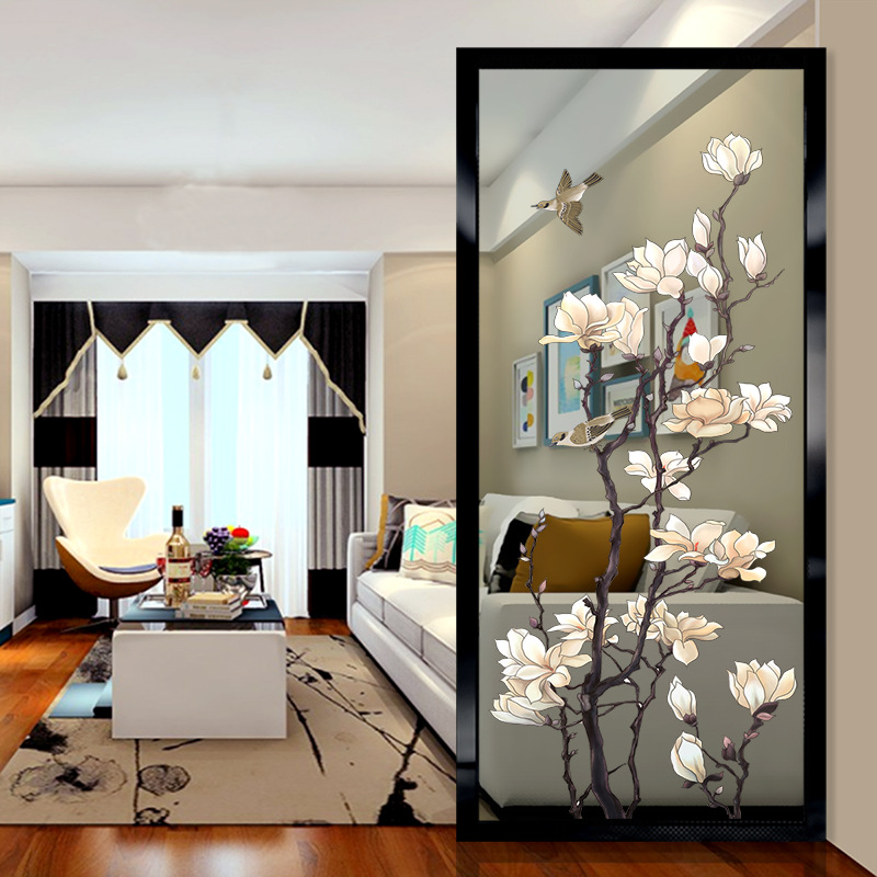 新中式入门艺术玻璃隔断屏风装饰客厅玄关夹丝磨砂透光钢化背景墙