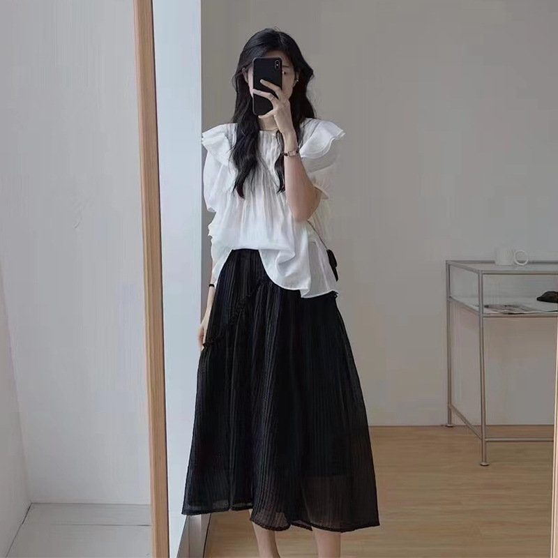 2022夏季网红套装法式复古衬衣chic圆领系扣衬衫加仙女半身裙套装