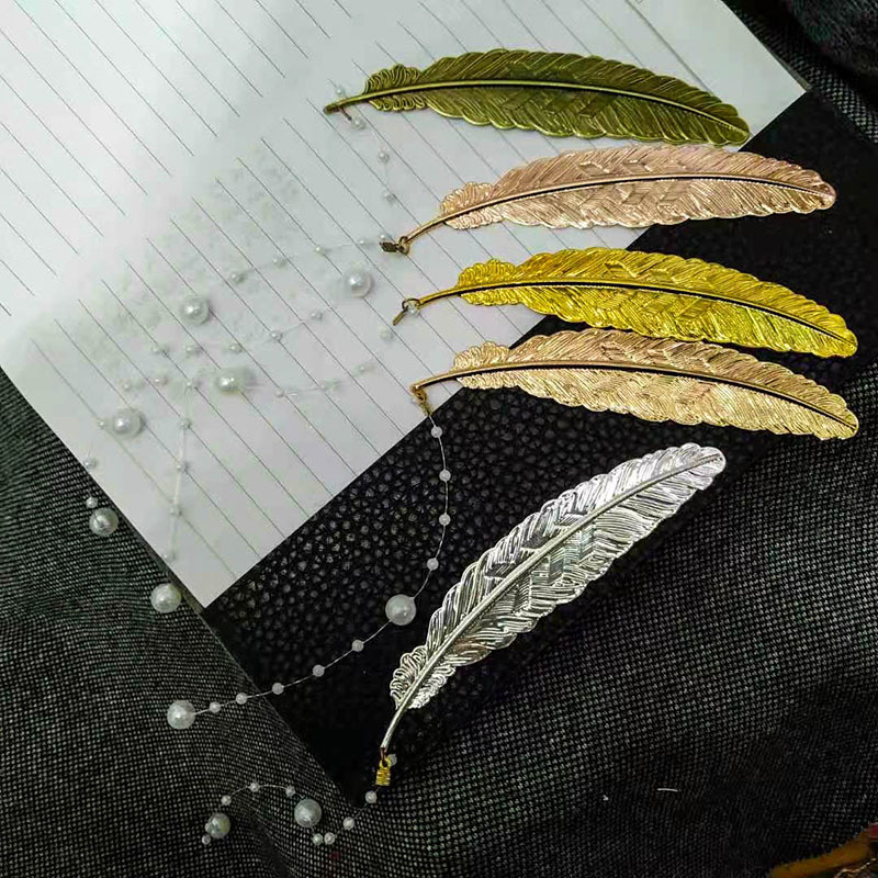 马郎创意金属古风黄铜羽毛书签 学习文具毕业礼品珍珠串吊坠书签