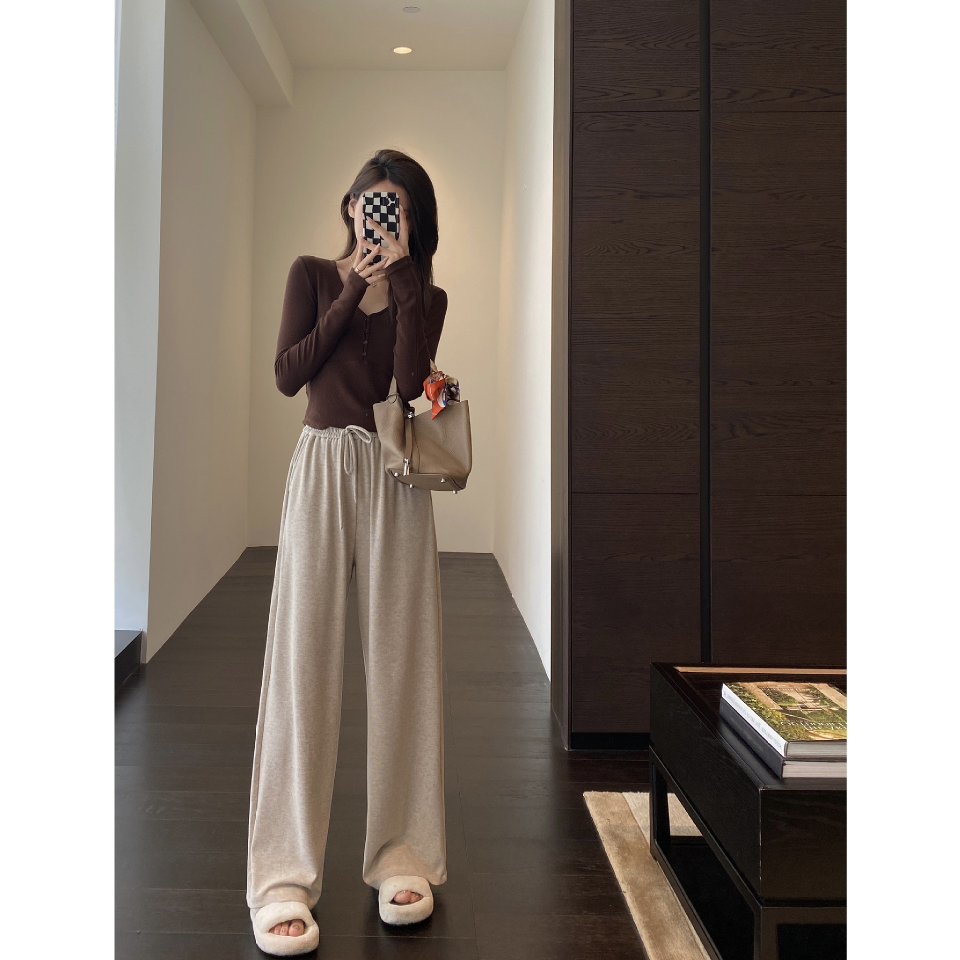 Manshusha Autumn and Winter Glutinous Rice Soft Warm Walking Pants Large Long Leg High Waist Loose Wide Leg Pants Casual Straight-Leg Mop Pants Women