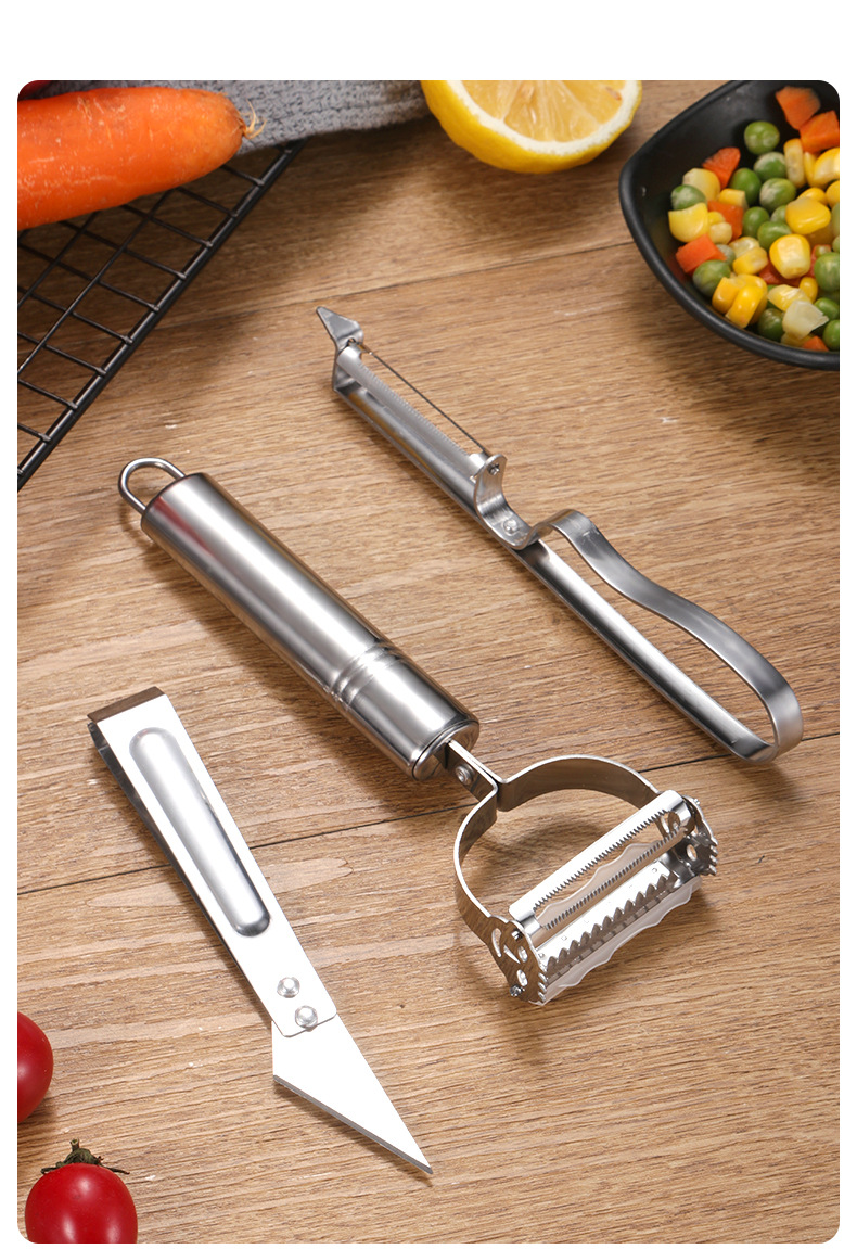 不锈钢削皮刀三件套鸭毛夹刮皮器土豆削皮瓜果刨丝器厨房工具抖音