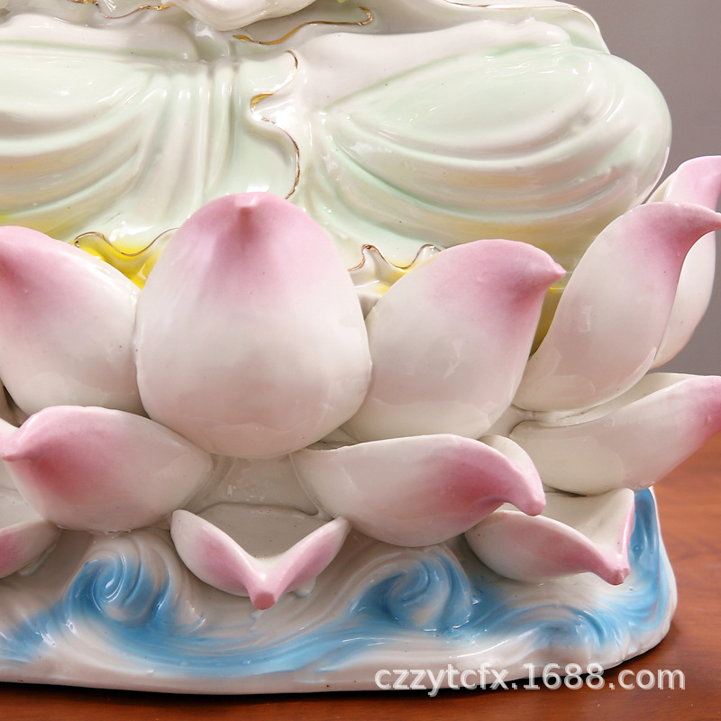 潮州珍艺陶瓷佛像厂南海观世音菩萨玉瓷龙泉粉莲花观音菩萨像摆件