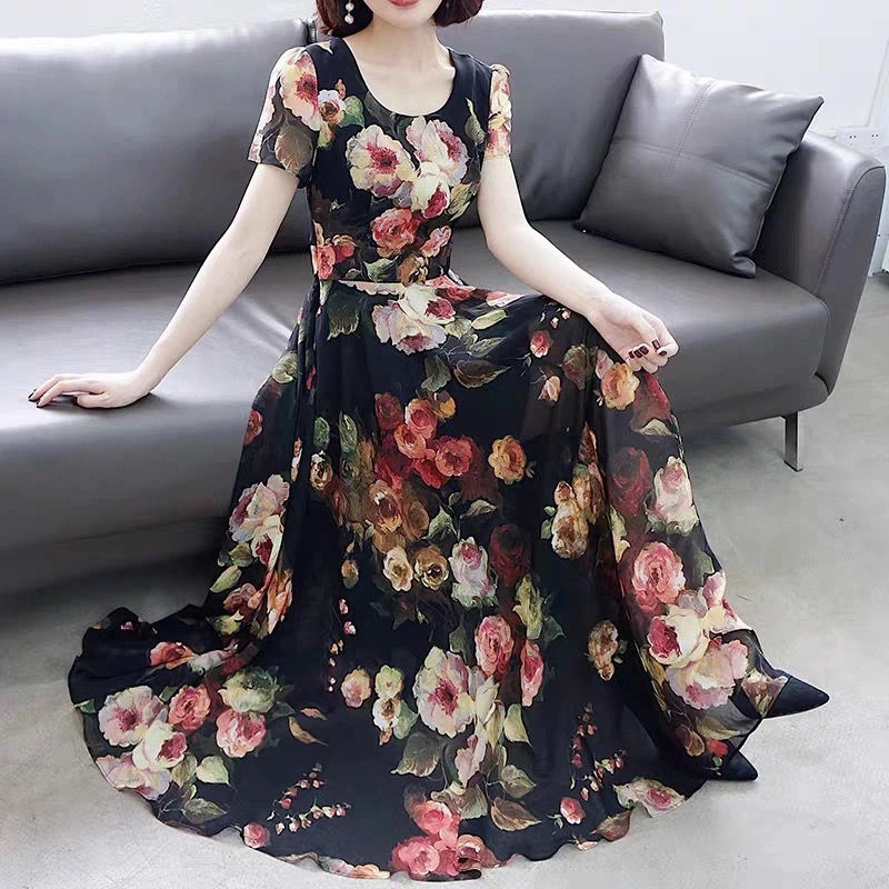 大花连衣裙夏季长裙雪纺连衣裙女长款大摆显瘦超长裙子仙女