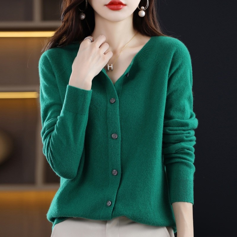 2023 New Knitwear Outerwear Sweater 100% Woolen Sweater round Neck Cardigan for Women Front Line Ready-Made Garments Loose Cardigan