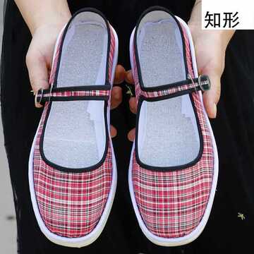24年手工上线棉布鞋女士格子花布鞋复古文艺浅口舞蹈平底工作女鞋