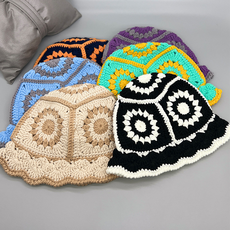 手工花朵钩织盆帽女秋冬diy粗线民族风渔夫帽小姐姐炸街帽子潮酷