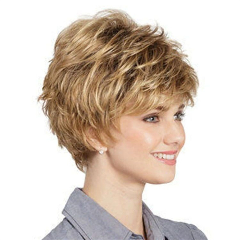 shein热销假发女蓬松化纤短发wigs欧美外贸金棕色斜刘海机制头套