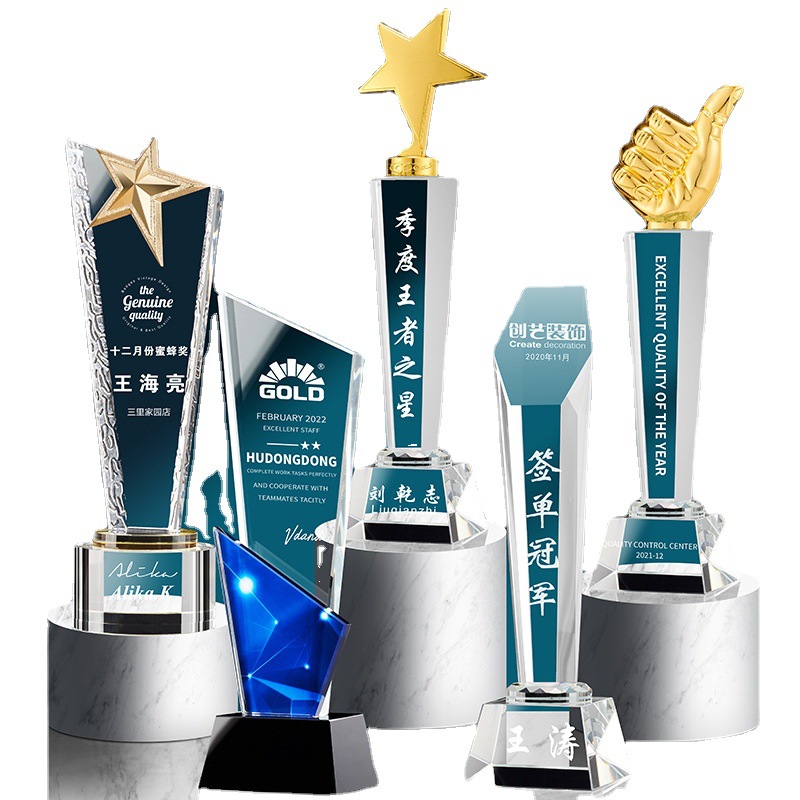 Crystal Trophy Creative Wooden Medal Licensing Authority Metal Crystal Pentagram Thumb Souvenir Factory Direct Sales