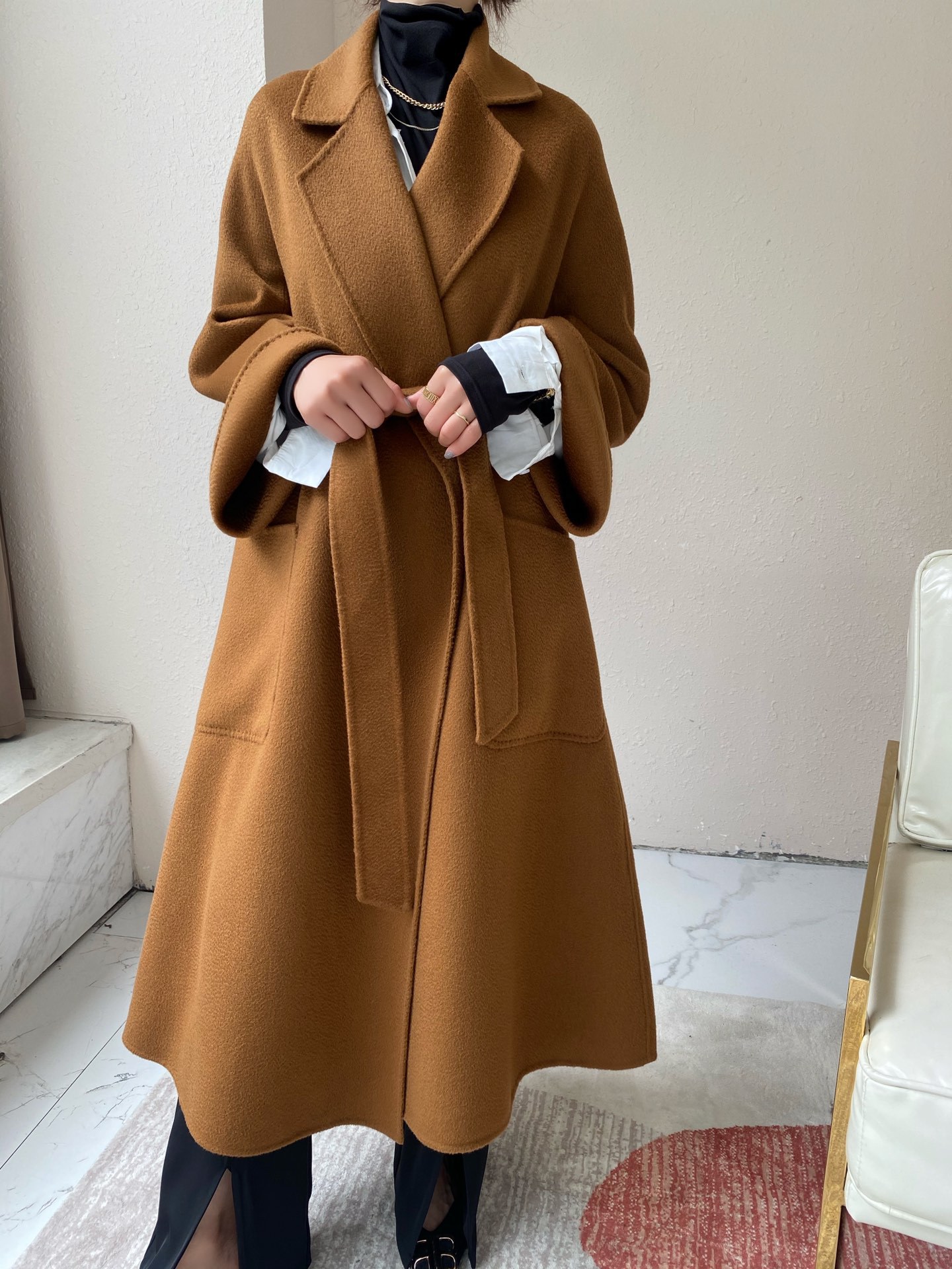 祖母绿水波纹双面羊绒大衣女中长款宽松毛呢外套高端休闲秋冬新品