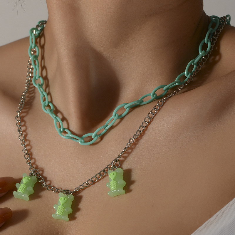 欧美跨境饰品 双层亚克力小熊吊坠项链女简约可爱小动物颈链项饰