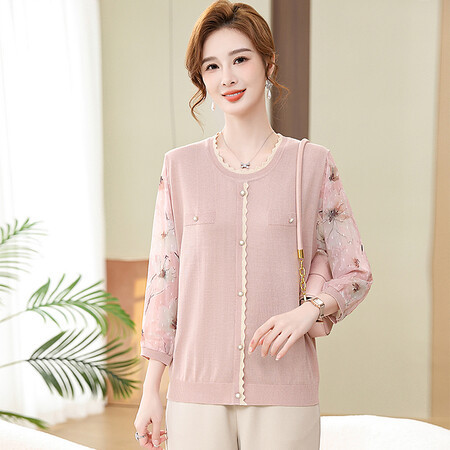 Mom's round Neck Yarn Sleeve Undershirt Spring and Summer New Western Style Knitted Top for Middle-Aged and Elderly Women Loose Thin T-shirt