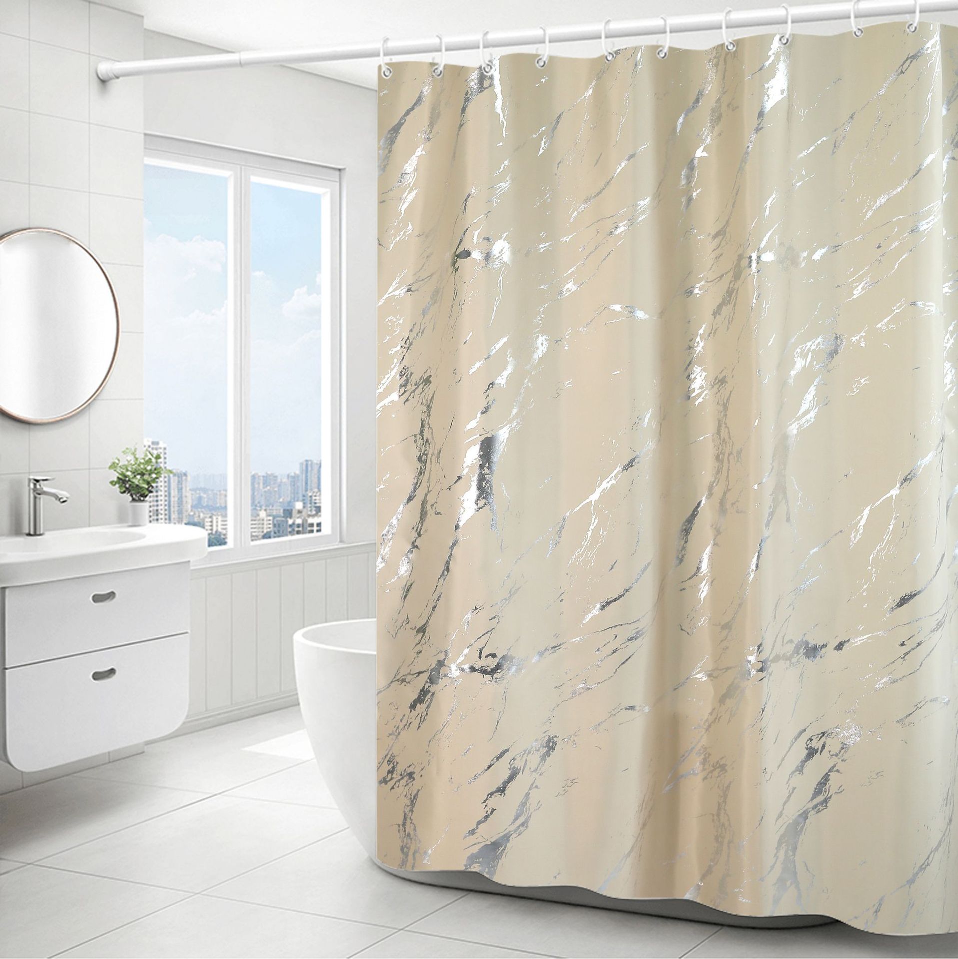 Cross-Border Hot Selling Light Luxury and Simplicity Hot Silver Gilding Marbling Bathroom Bathroom Waterproof Shower Curtain Bath Curtain Partition