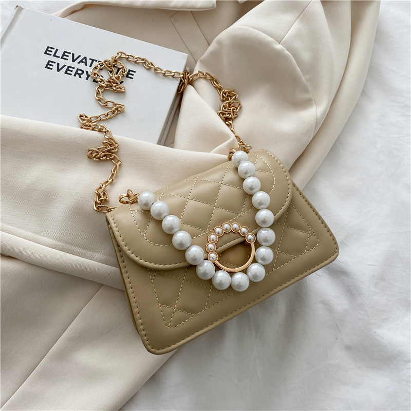 Blue Cool Rhombus Pearl Chain Messenger Bag Summer 2021 New Fashion Design Embroidery Thread Small Solid Color Square Bag