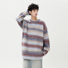 男士圆领毛衣冬季撞色条纹渐变彩虹打底衫男女宽松慵懒风针织衫