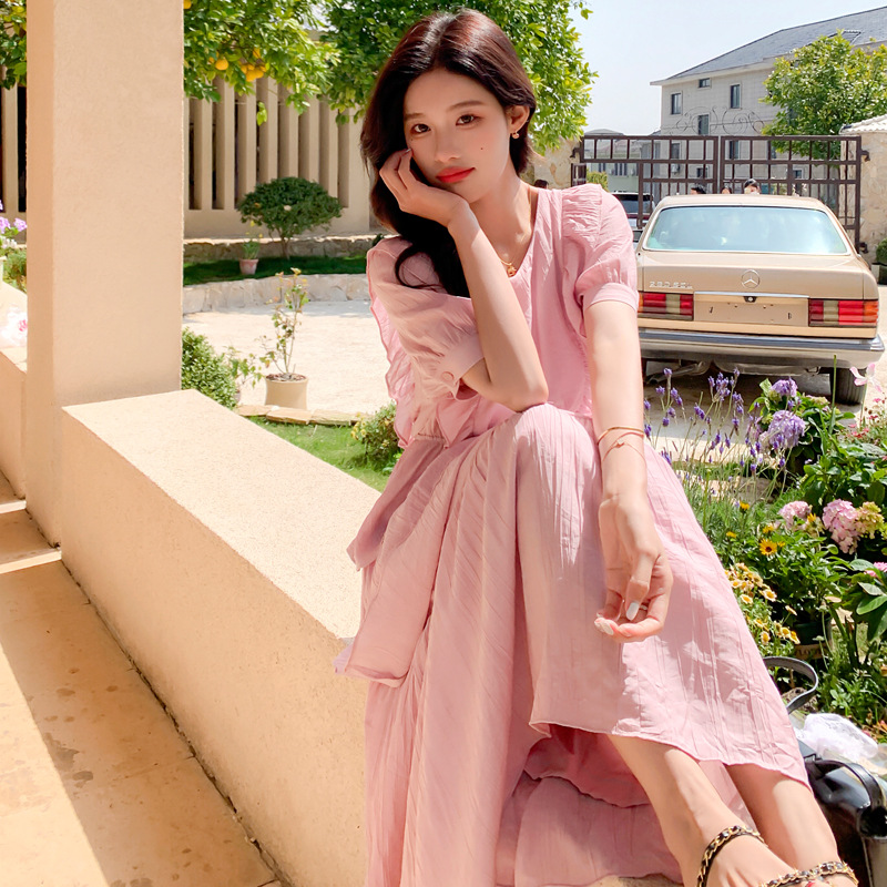 Texture Pink Sweet Dress Women's Mid-Length 2023 Summer New French Slimming Gentle Fairy Dress