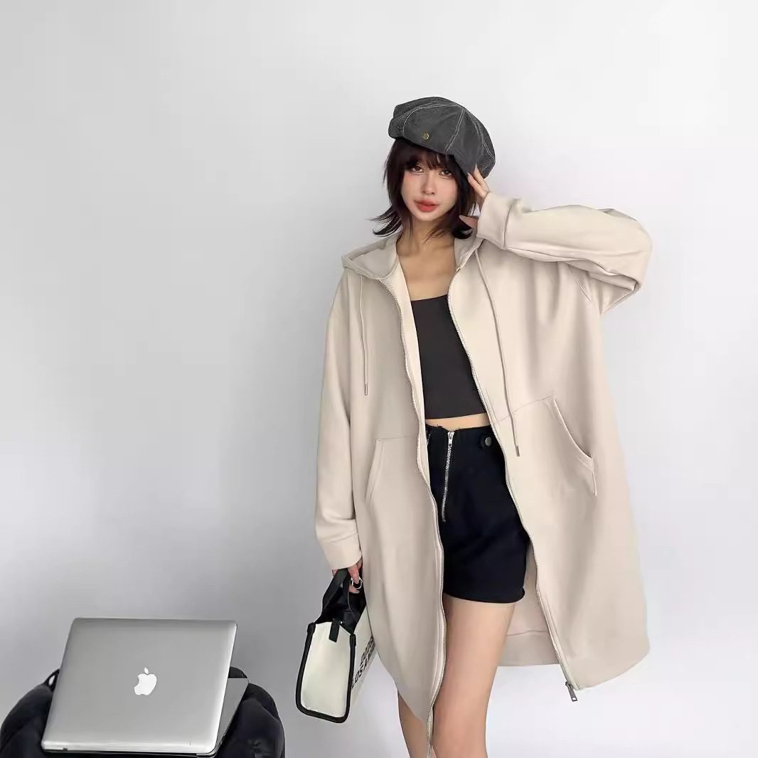 秋季韩版休闲简约纯色净版宽松大版中长款拉链连帽卫衣外套女1644