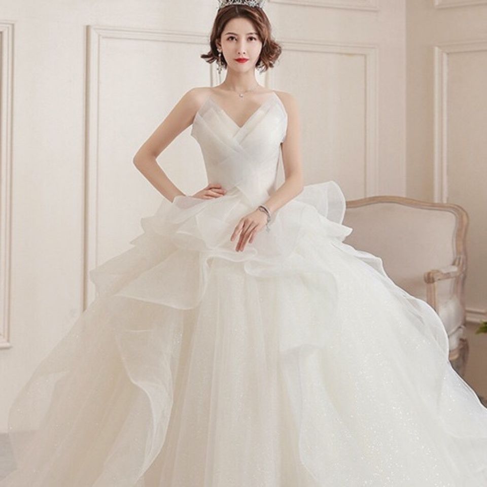 主婚纱礼服2021新款新娘结婚抹胸气质小个子齐地显瘦森系出门轻纱