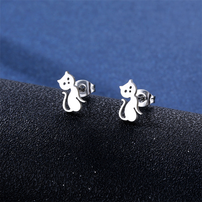 Cross-Border Sold Jewelry Stainless Steel Cute Kitten Necklace and Earring Suit Female Fresh Cat Cat Pendant Jewelry Clavicle