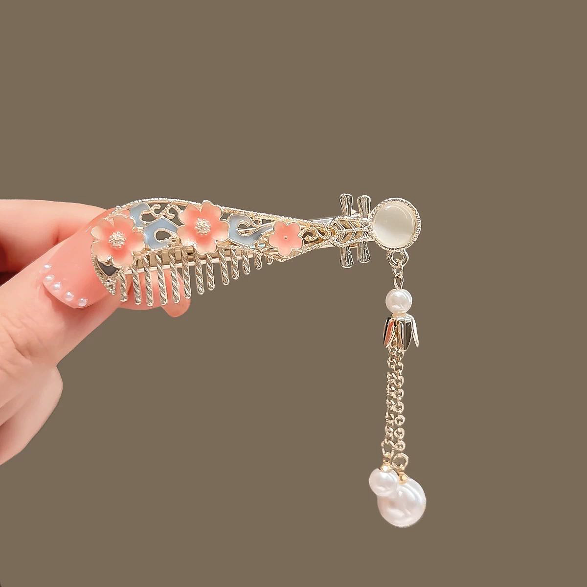 Antique Flower Pipa Barrettes Female Temperamental Bangs Clip Side Gap Former Red Hairpin Headdress for Han Chinese Clothing Fashion Duckbill Clip