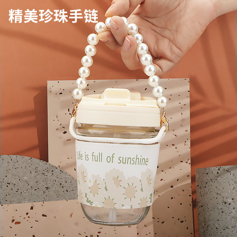 Little Daisy Pearl Water Cup Girl Ins Good-looking Handle Chain Glass Cup Student Double Drink Live Broadcast Cup with Straw
