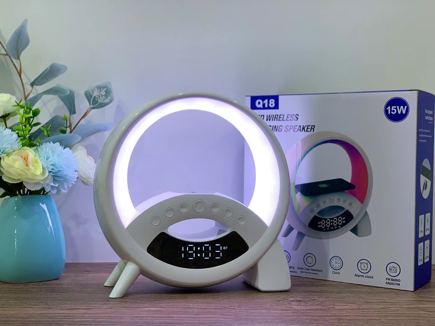 New Large G Display Clock Alarm Clock Small Night Lamp 15W Wireless Charger White Noise Colorful Ambience Light Bluetooth Speaker