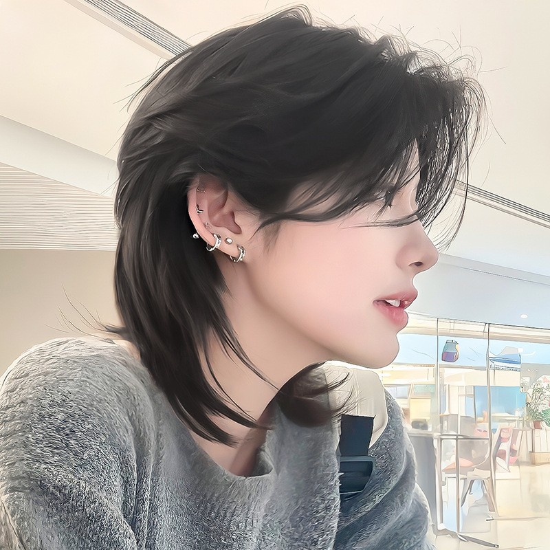 嘴甜狼尾假发短发黑棕色日系男生武士头帅气通用自然鲻鱼头全头套