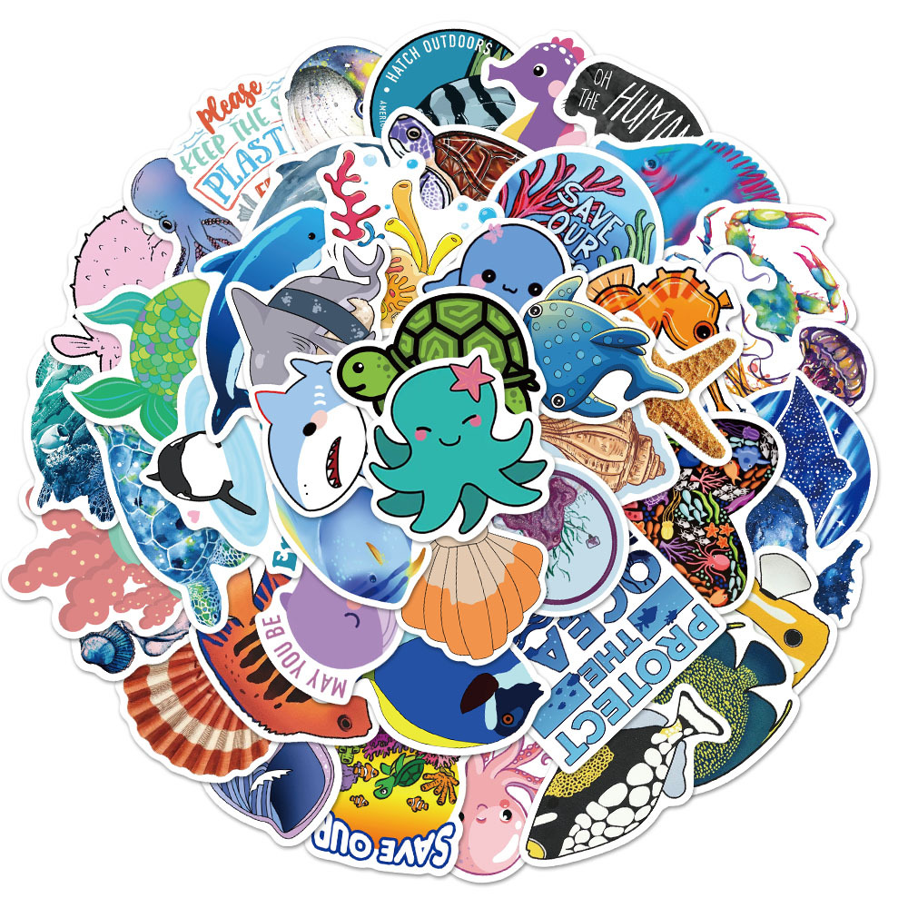 50张海洋生物章鱼海豚鲸鱼涂鸦贴纸个性行李箱滑板车冰箱水杯贴画