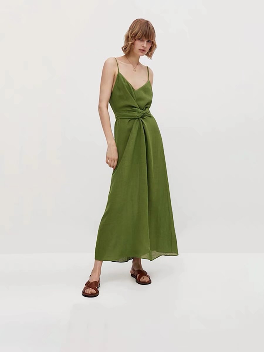 2022夏新品欧美md女装时尚修身设计感棉麻绿色吊带连衣裙
