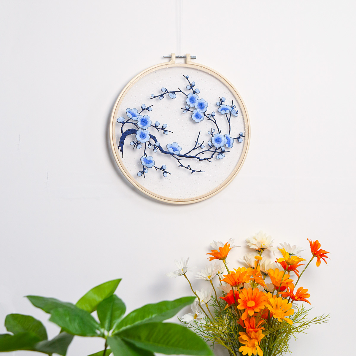 新品上新中式风梅花动物图案刺绣圆形木箍背景挂饰竹崩绷框简易刺
